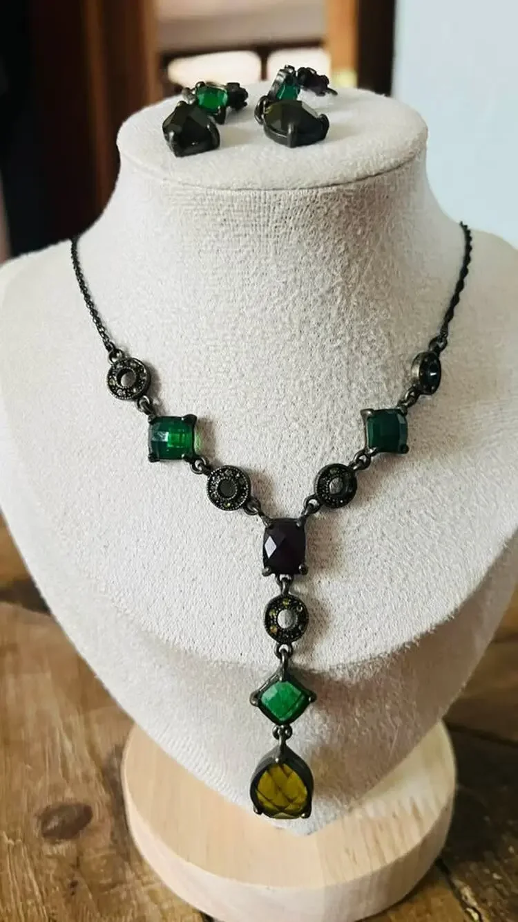Vintage Green and Dark Stone Necklace and Earring Set